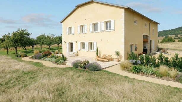 Une maison à deux étages dotée d’un patio, entourée d’un jardin aménagé et d’arbres.