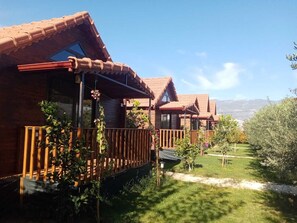 Filera de cabanes de fusta amb balcons, un pati amb gespa i un paisatge de muntanyes al fons.