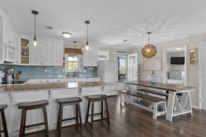 Fridge, microwave, oven, stovetop - 3rd Row Coastal Home with Private Pool & Hot Tub, Close to the beach (Emerald Isle)