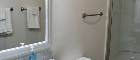 Un baño con encimera de mármol, lavabo, inodoro, cabina de ducha de cristal y espejo.