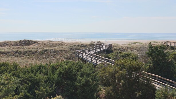 Eine Küstenlandschaft mit einem hölzernen Steg, der zum Strand führt.