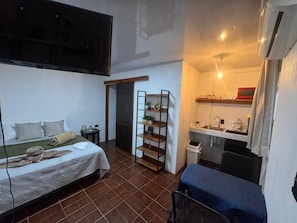 Une pièce de taille modeste comprenant un lit, un petit bureau, une étagère avec des plantes, une porte et un coin cuisine.