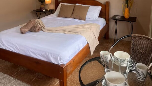 Una camera da letto con un letto di legno, un tavolino con tazze e un vaso, un condizionatore d'aria a muro e un piccolo tavolo con una lampada e una pianta.