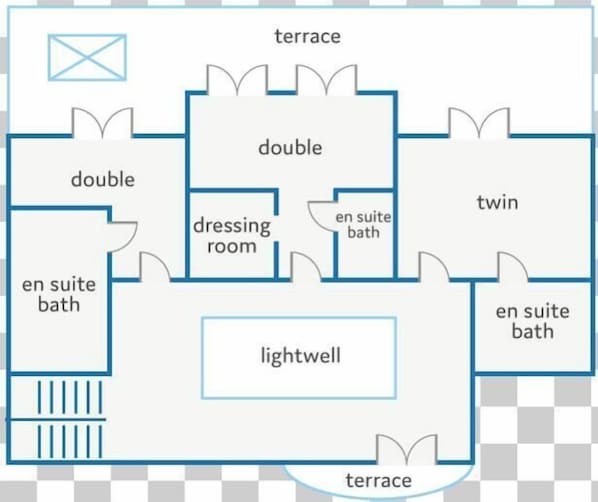 A hotel layout with a terrace, double rooms, twin rooms, en suite baths, a dressing room, and a lightwell. - Villa Niva by Villa Plus (Quarteira)
