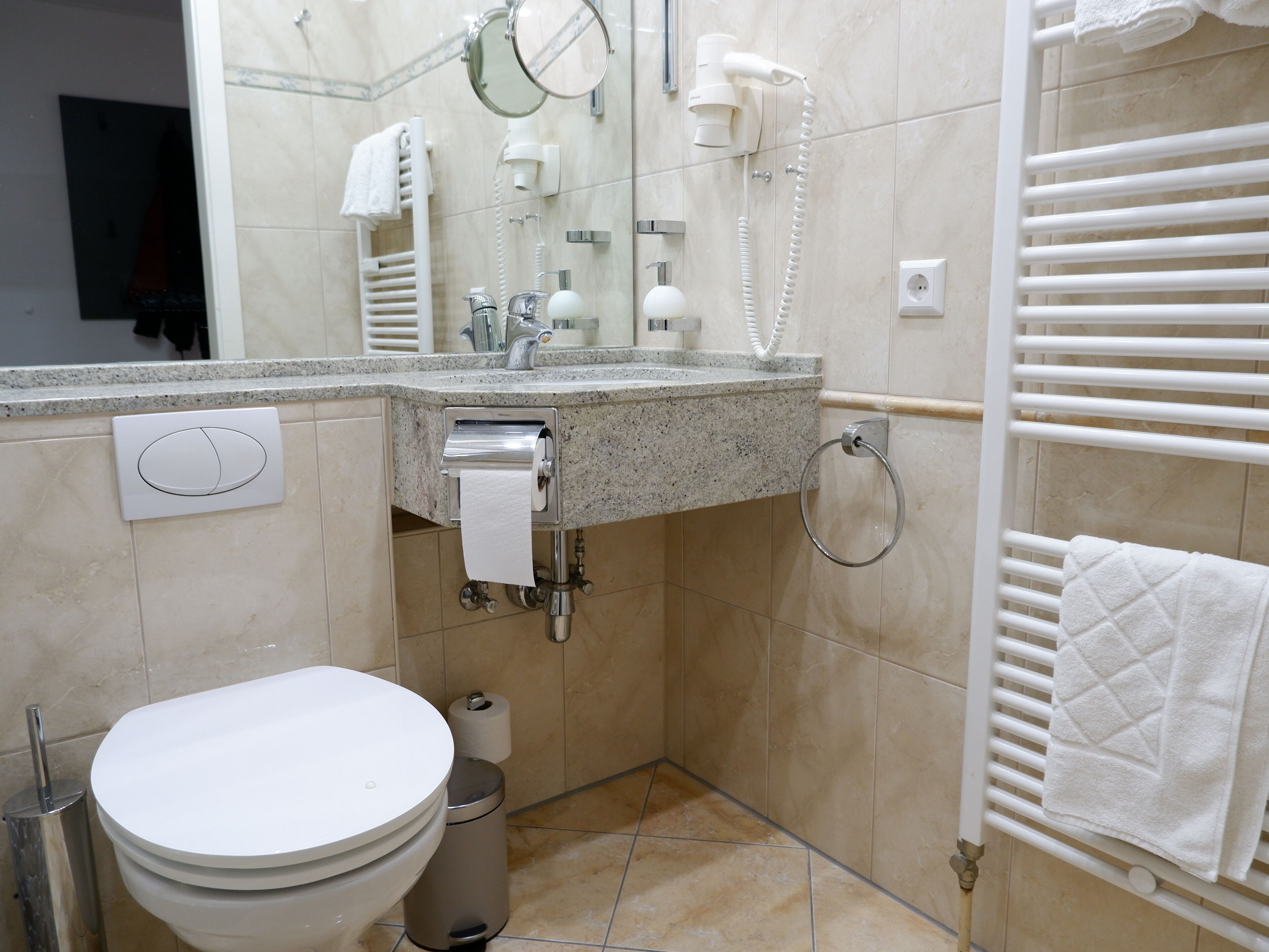 Ein Badezimmer mit Toilette, Waschbecken, Spiegel, Handtuchhalter und einem Fön.