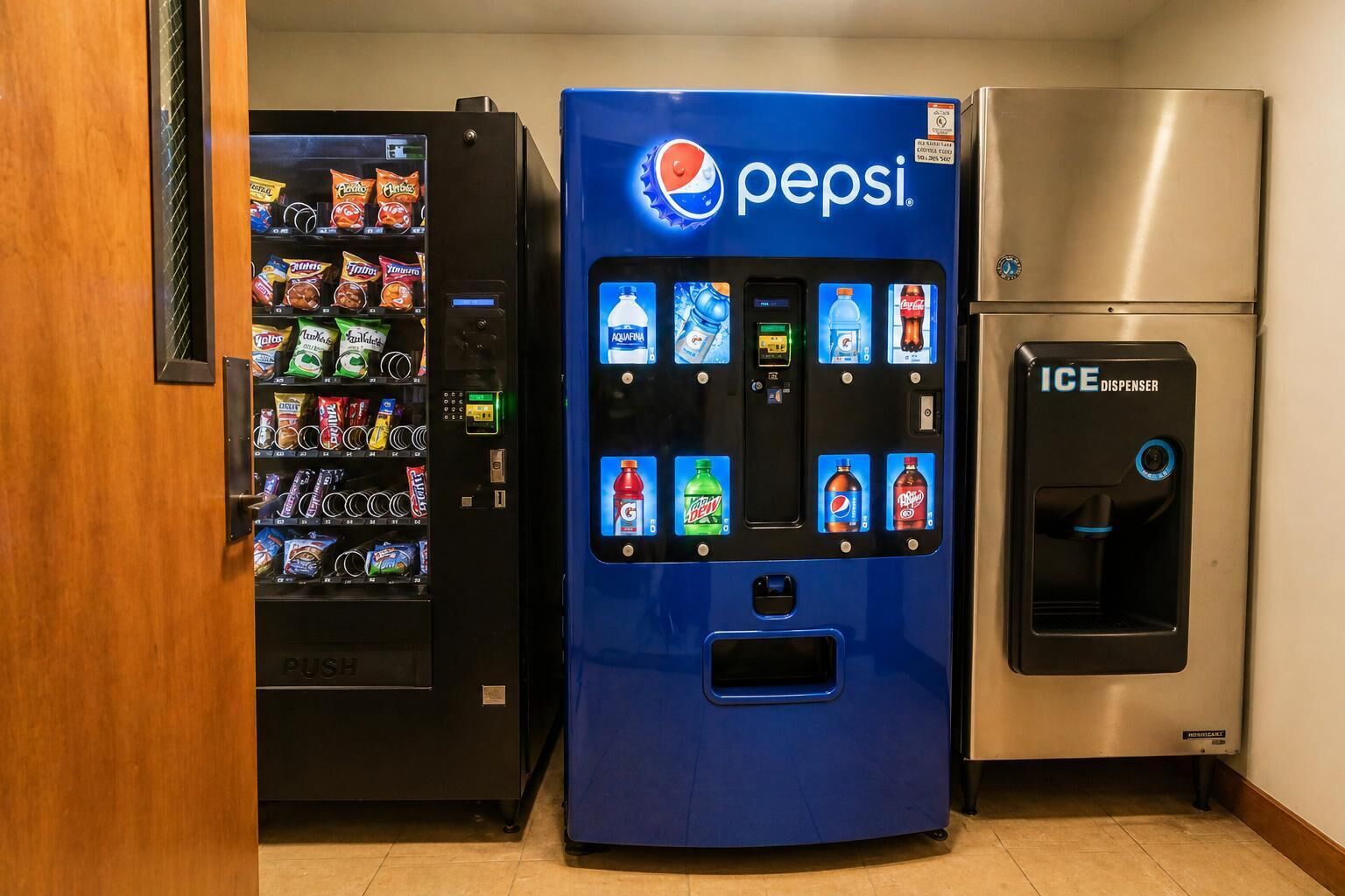 A vending machine with Pepsi branding, a selection of snacks, and an ice dispenser.
