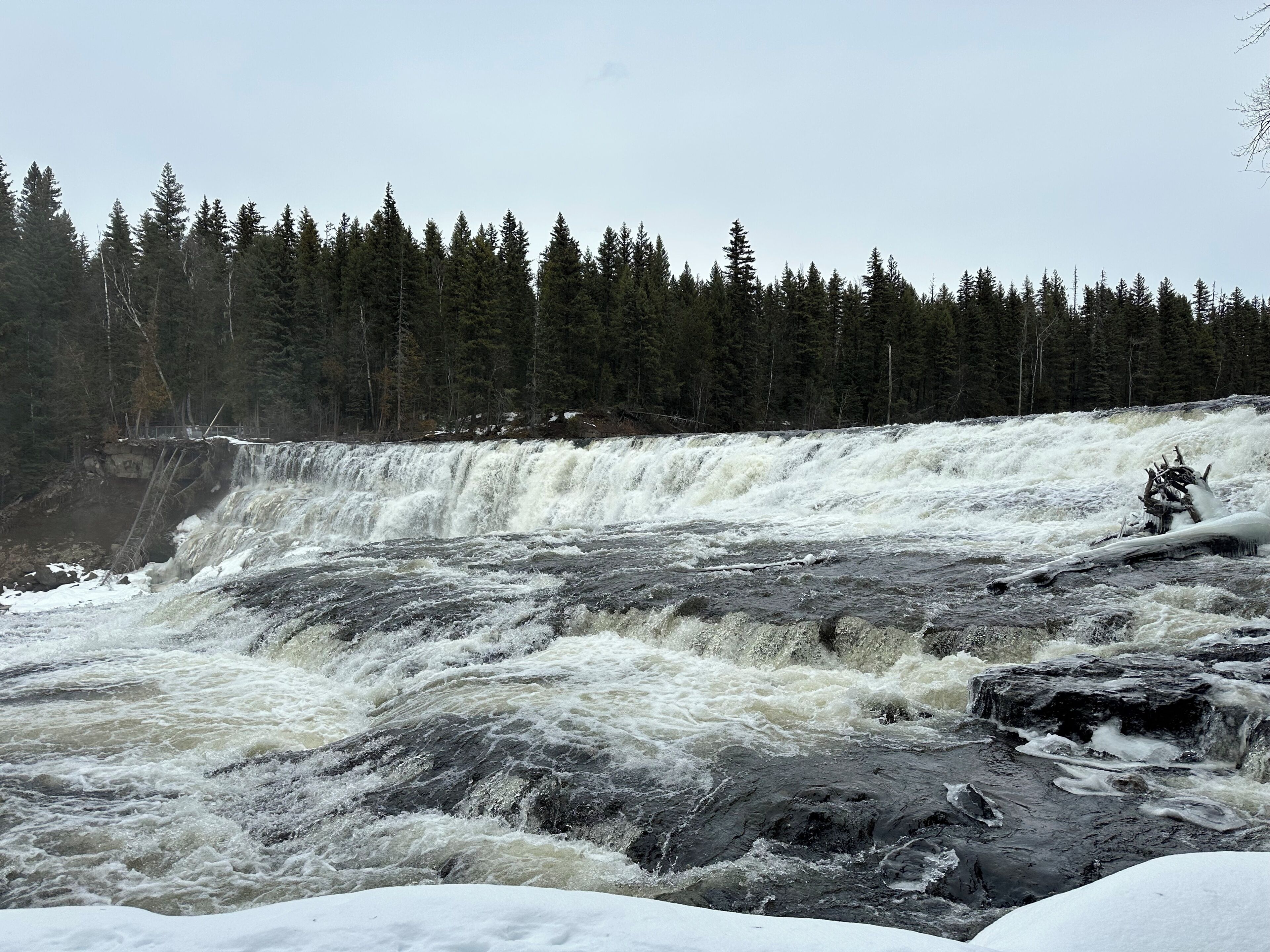 A waterfall with a rocky foreground and a forested background.