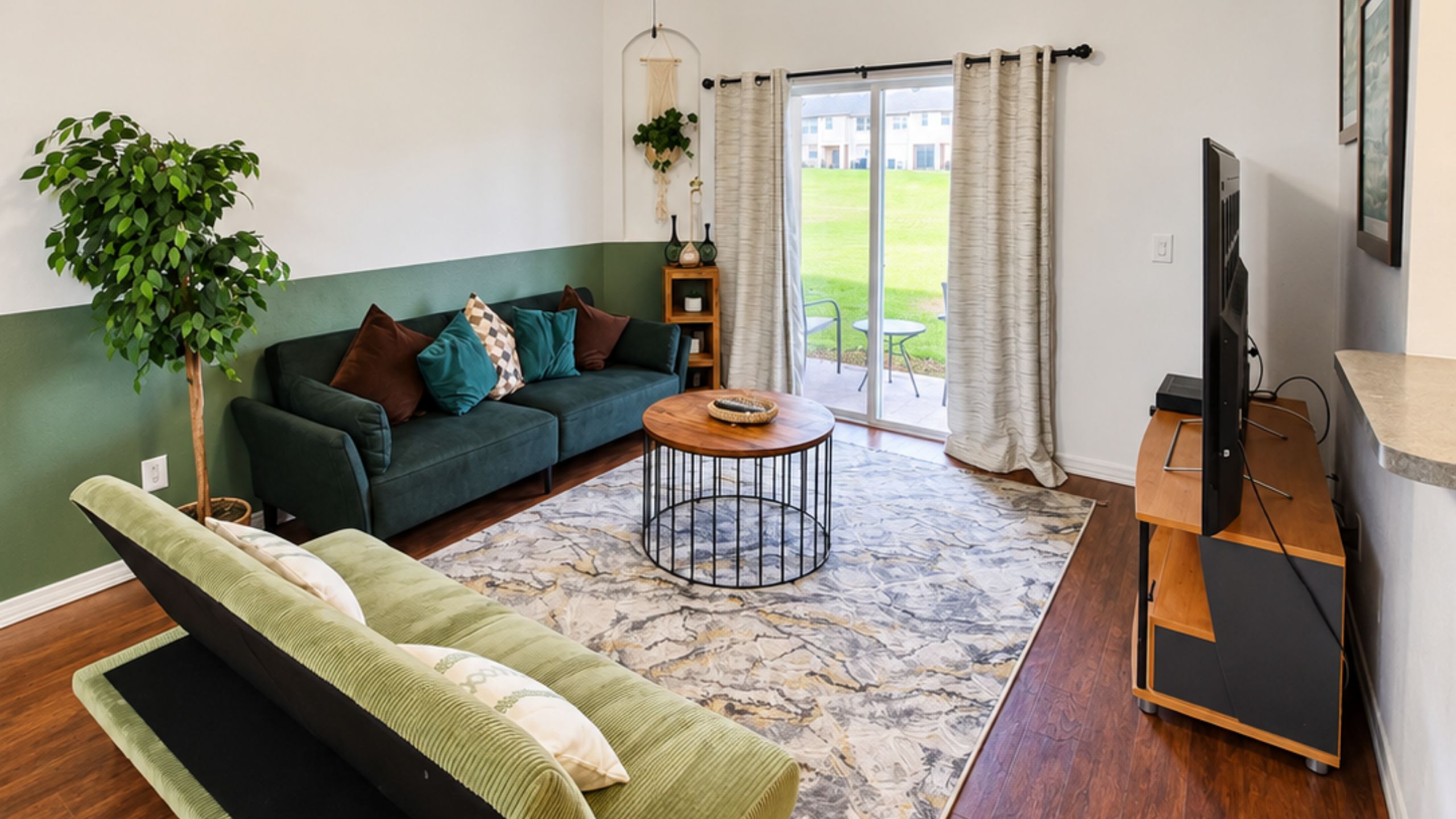 A living room with a green sofa, a coffee table, a TV stand, and a large window with curtains.
