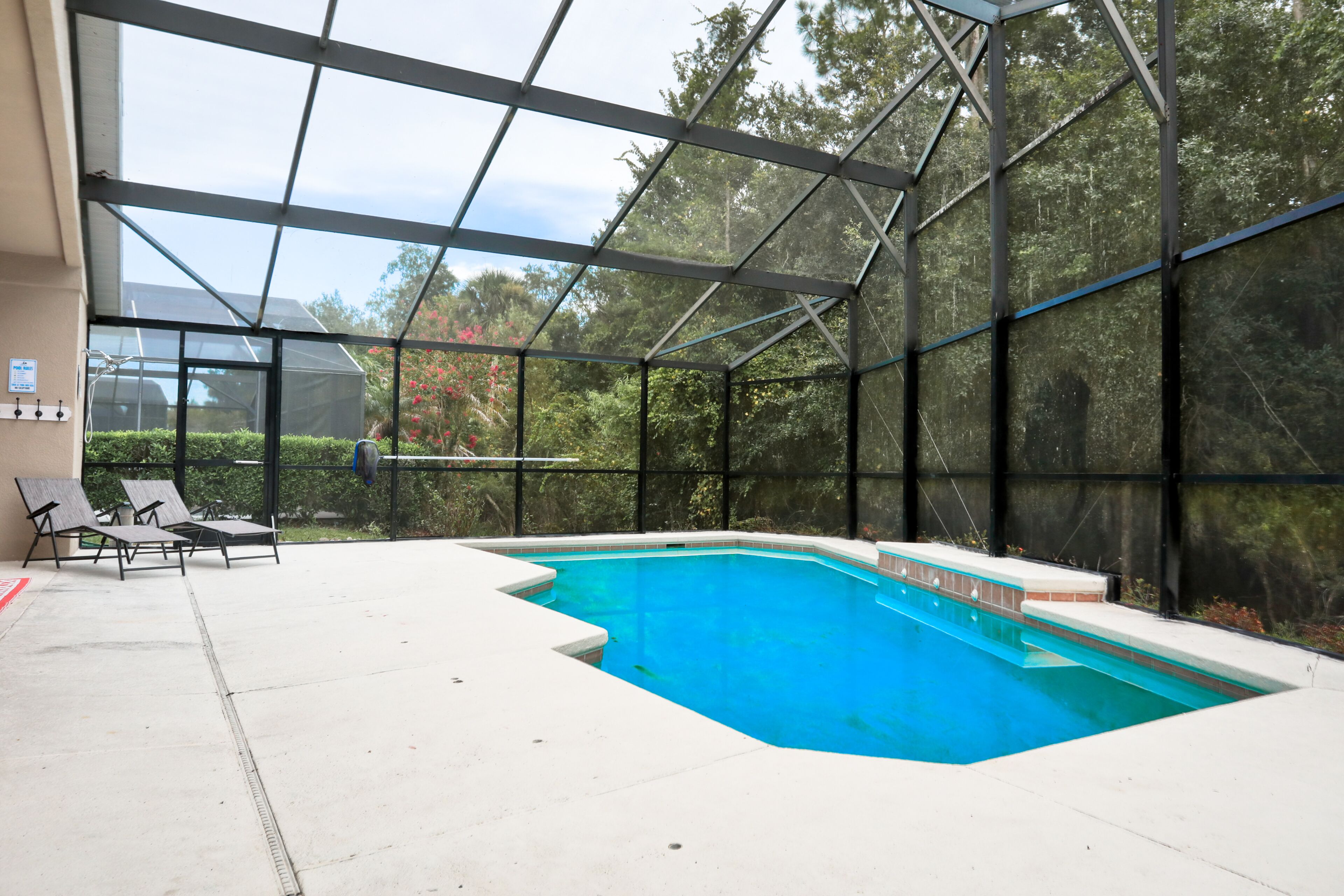 Una piscina cubierta al aire libre con vistas despejadas a los árboles circundantes y un patio con sillones de descanso.