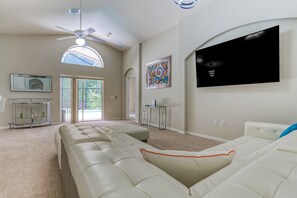 House, Multiple Beds, Pool Access, Pool View (Good Vibes - Cumbrian Lakes Villas) | Living area - Stylish Retreat With a Private, Heated Pool, Central AC, & Garage Game Room (Kissimmee)