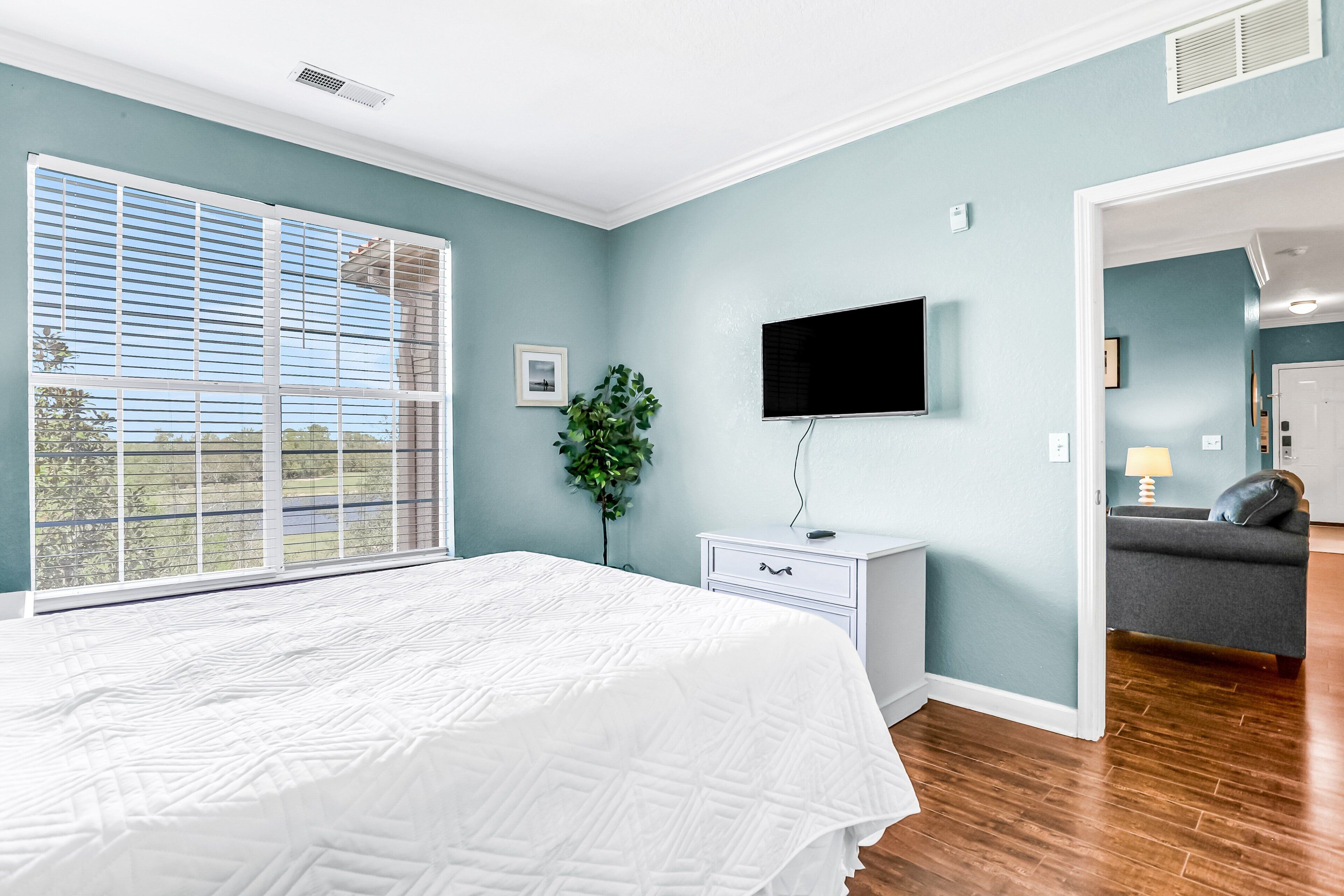 Un dormitorio con una cama grande, televisor, planta y vistas al exterior.