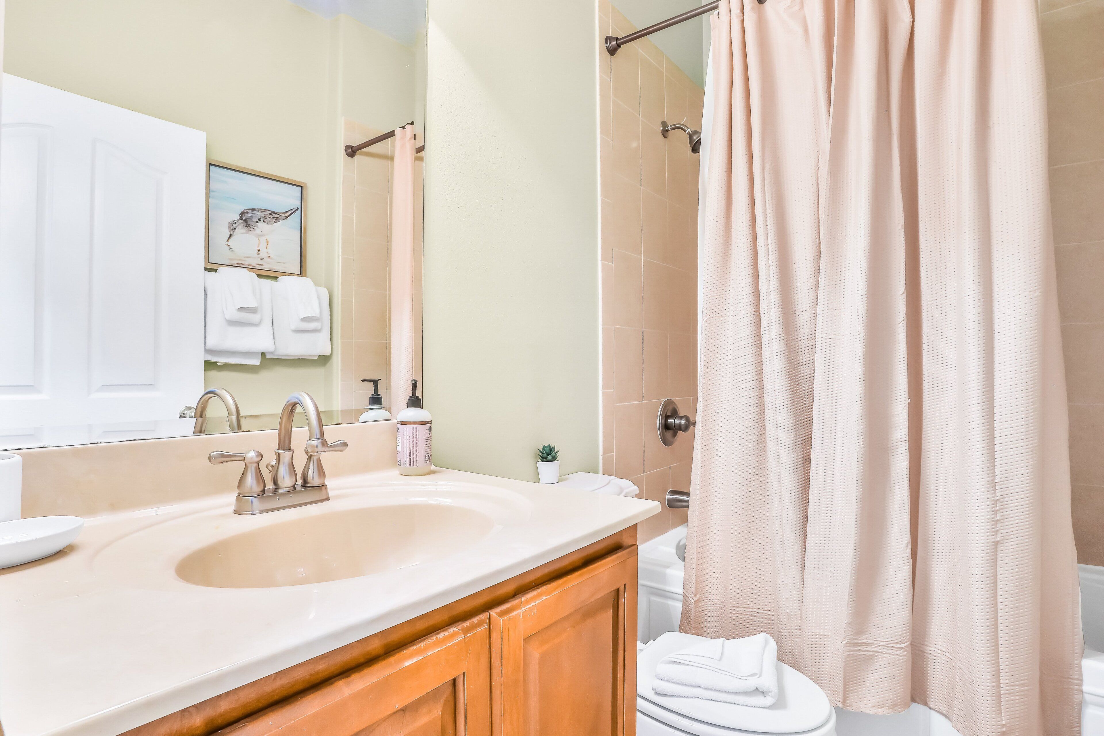 A bathroom with a sink, mirror, towel rack, shower curtain, and a small potted plant.