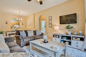 Condo, Multiple Beds, Pool Access, Garden View (Yellow Starfish - Windsor Hills) | Living area - Friendly Condo With Pool and hot tub Access, Wifi, Central AC, and Private W/D (Kissimmee)