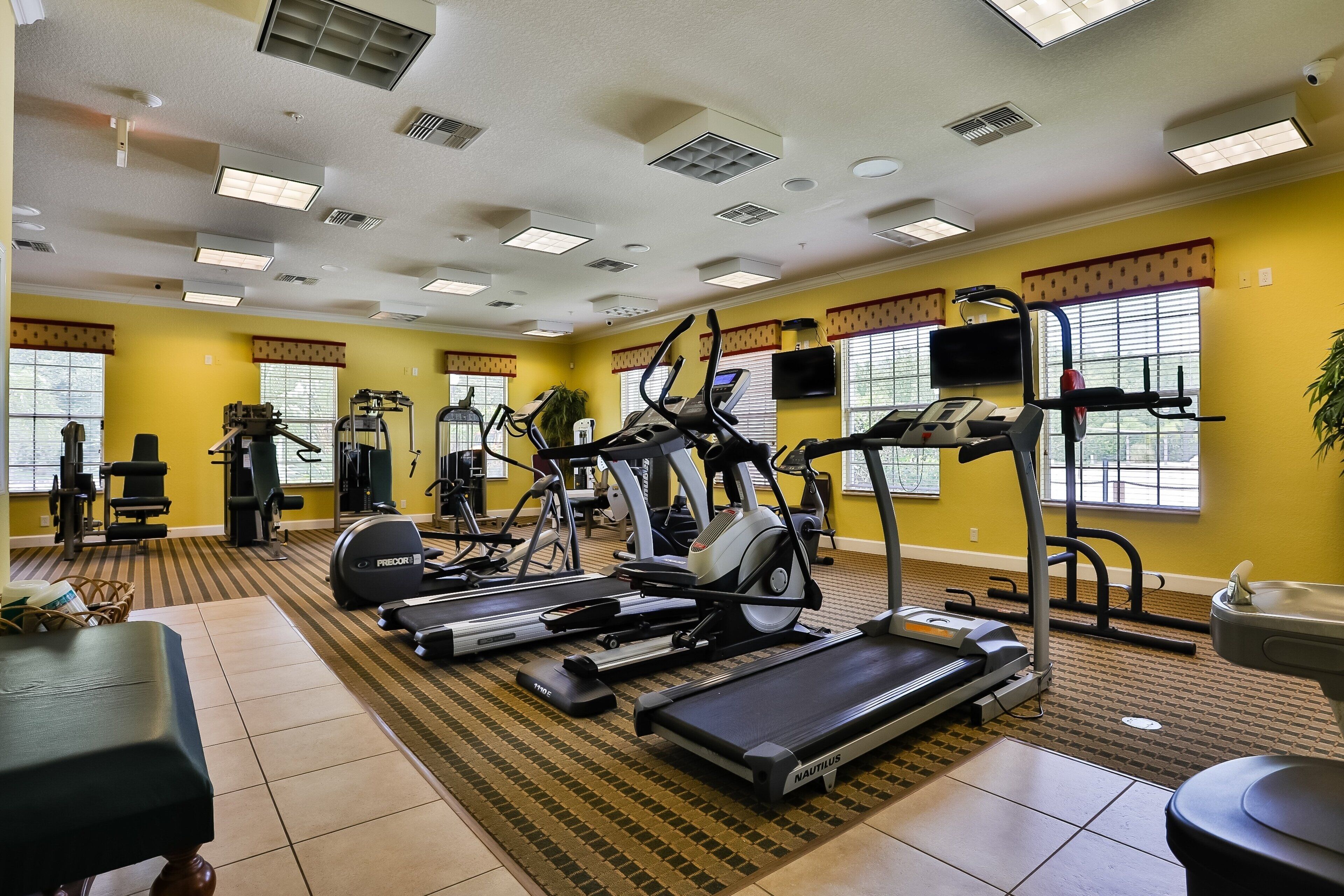 A gym with treadmills, elliptical machines, and weight equipment.