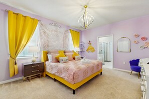 A bedroom with a bed, nightstand, dresser, and a mirror on the wall. - Dog-friendly House With Private Heated Pool, Sports Courts, Game Room, Pool, AC (Davenport)