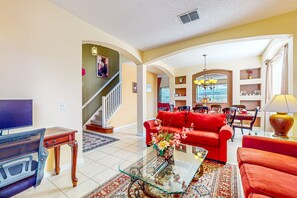 House, Multiple Beds, Pool Access, Pool View (Emerald Island Retreat in Emeral) | Living area - Dog-friendly Resort Home Near Theme Parks With Enclosed Pool & Game Room (Kissimmee)