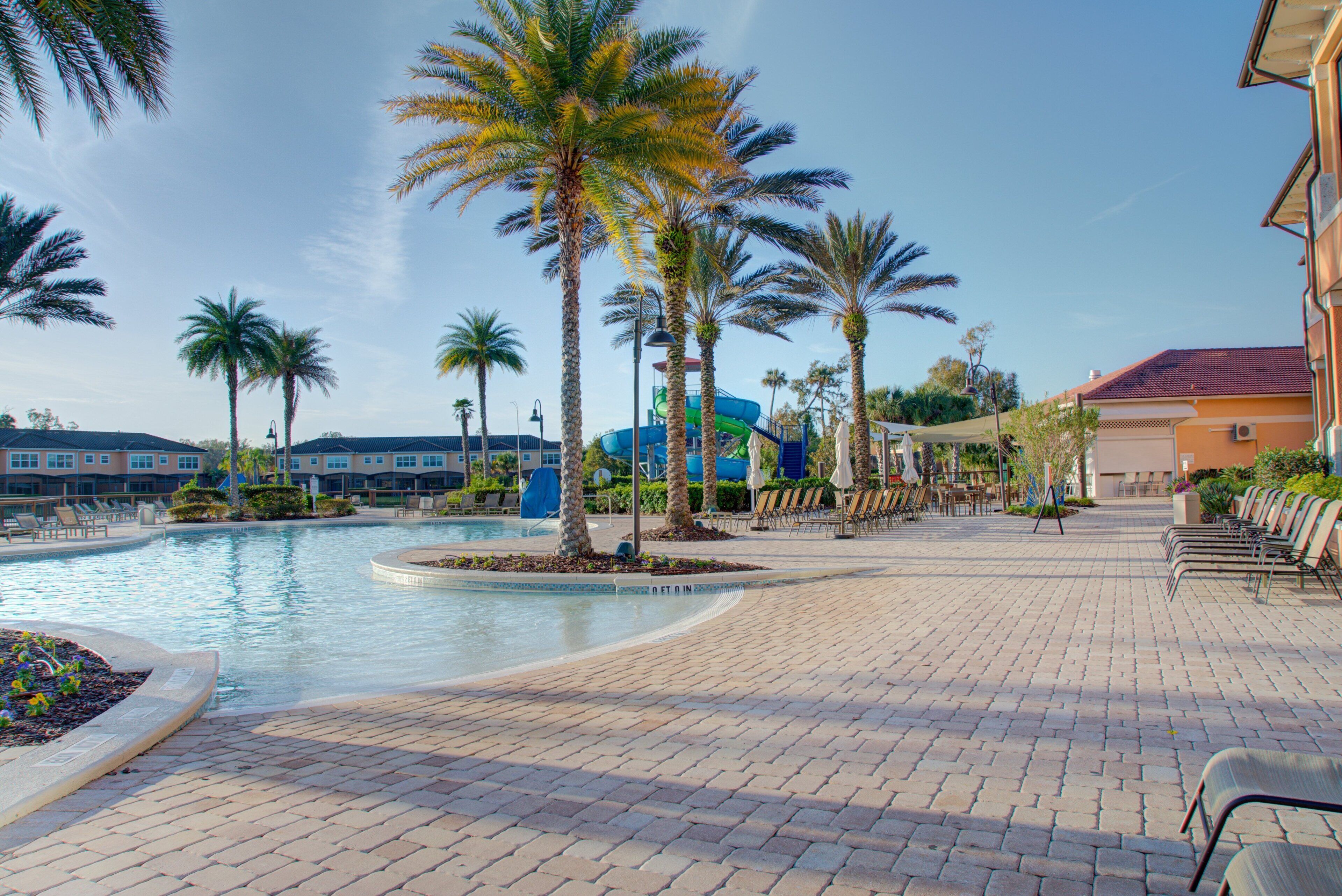 A pool area with palm trees, lounge chairs, and a water slide.