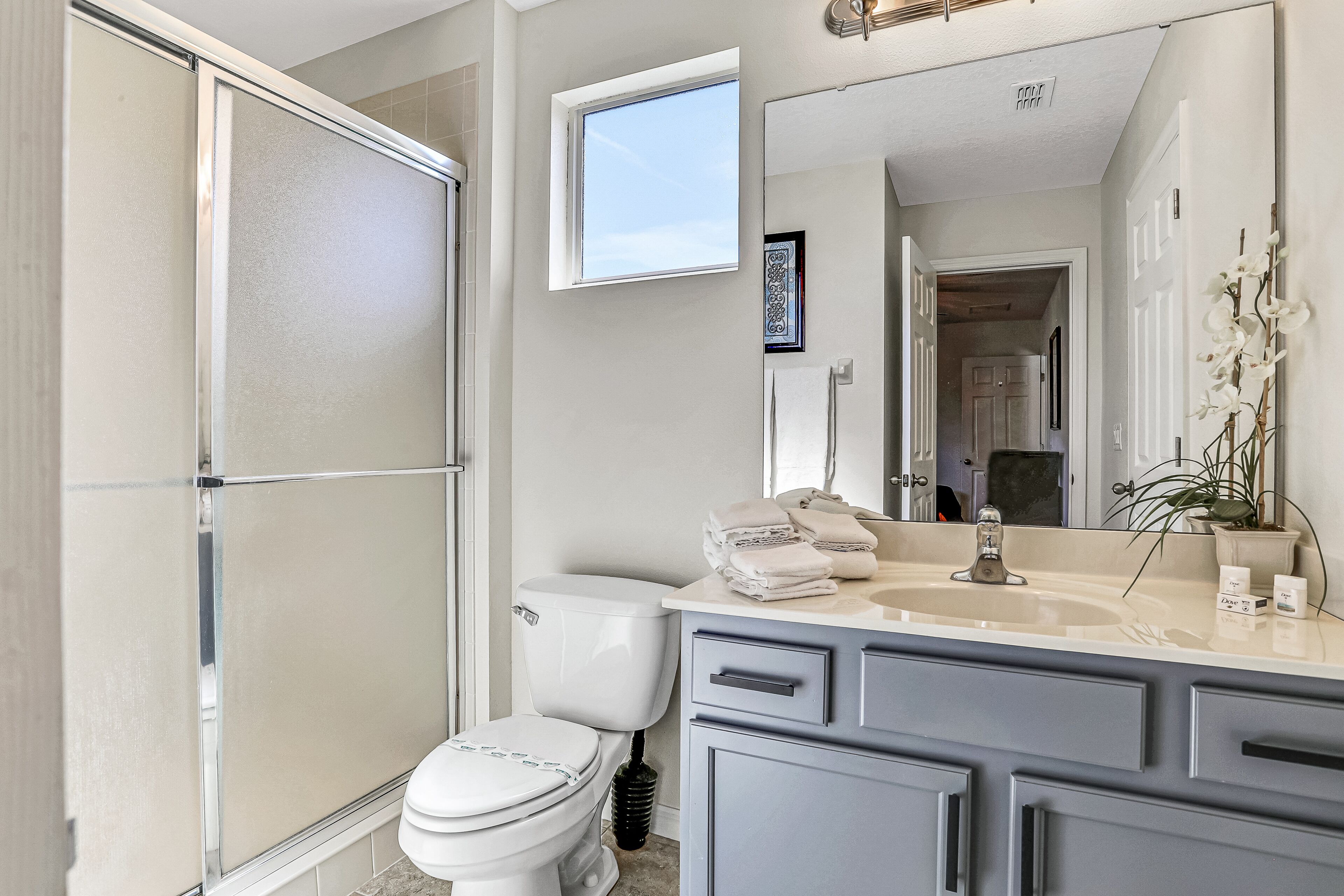 A modern bathroom with a walk-in shower, toilet, and vanity with a mirror.