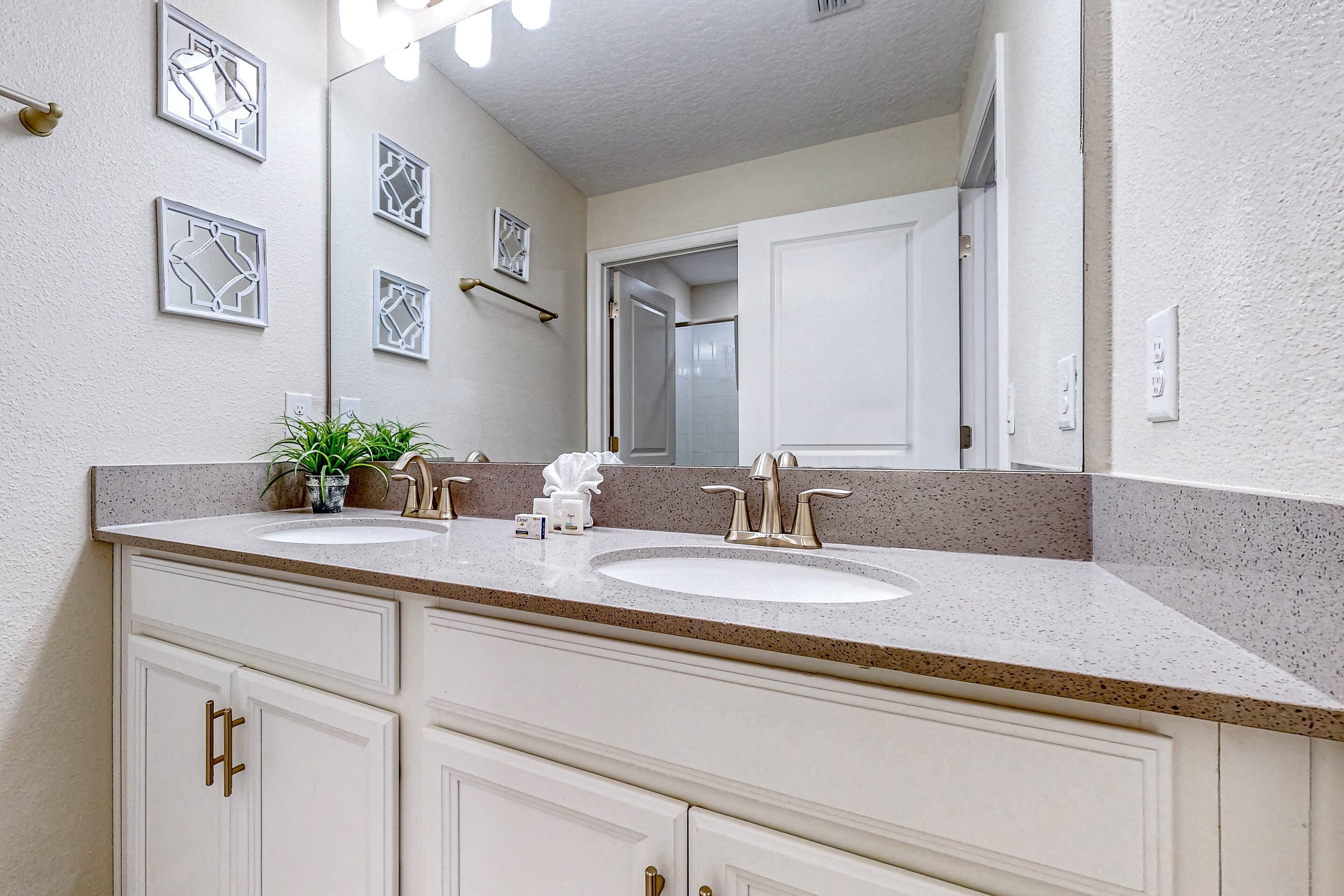 A bathroom with two sinks, a mirror, and a potted plant.
