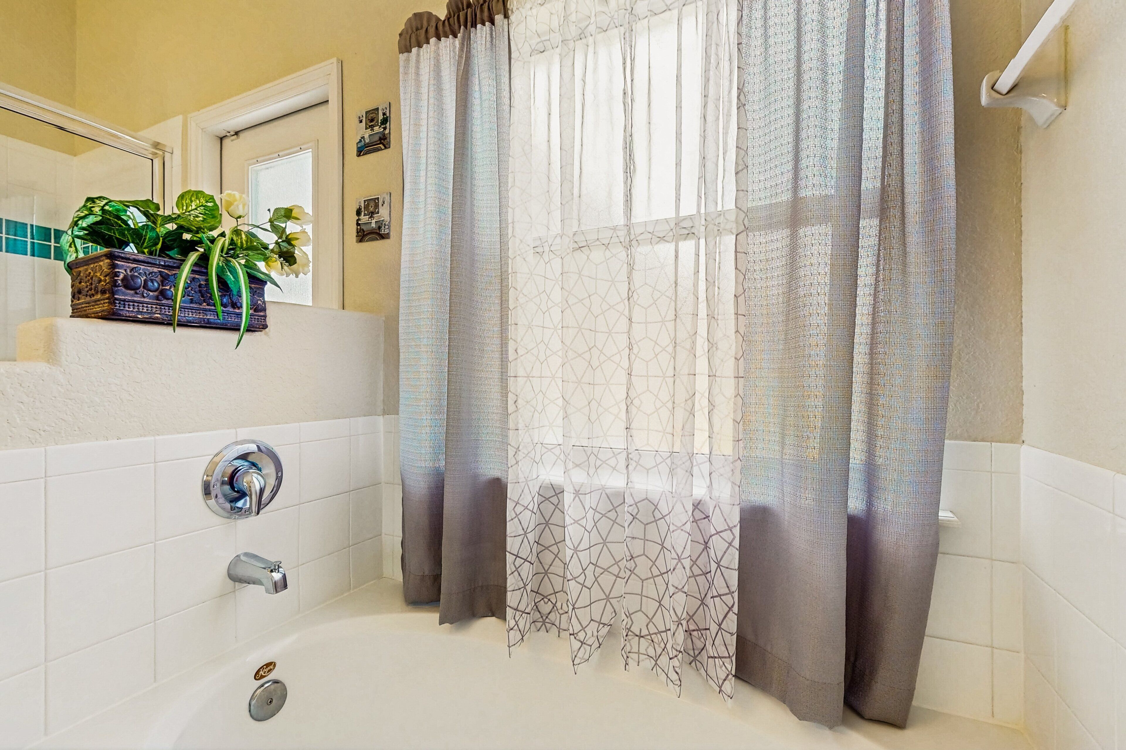 Un baño con bañera, ducha, inodoro y lavabo. Hay una planta en maceta sobre el mostrador.