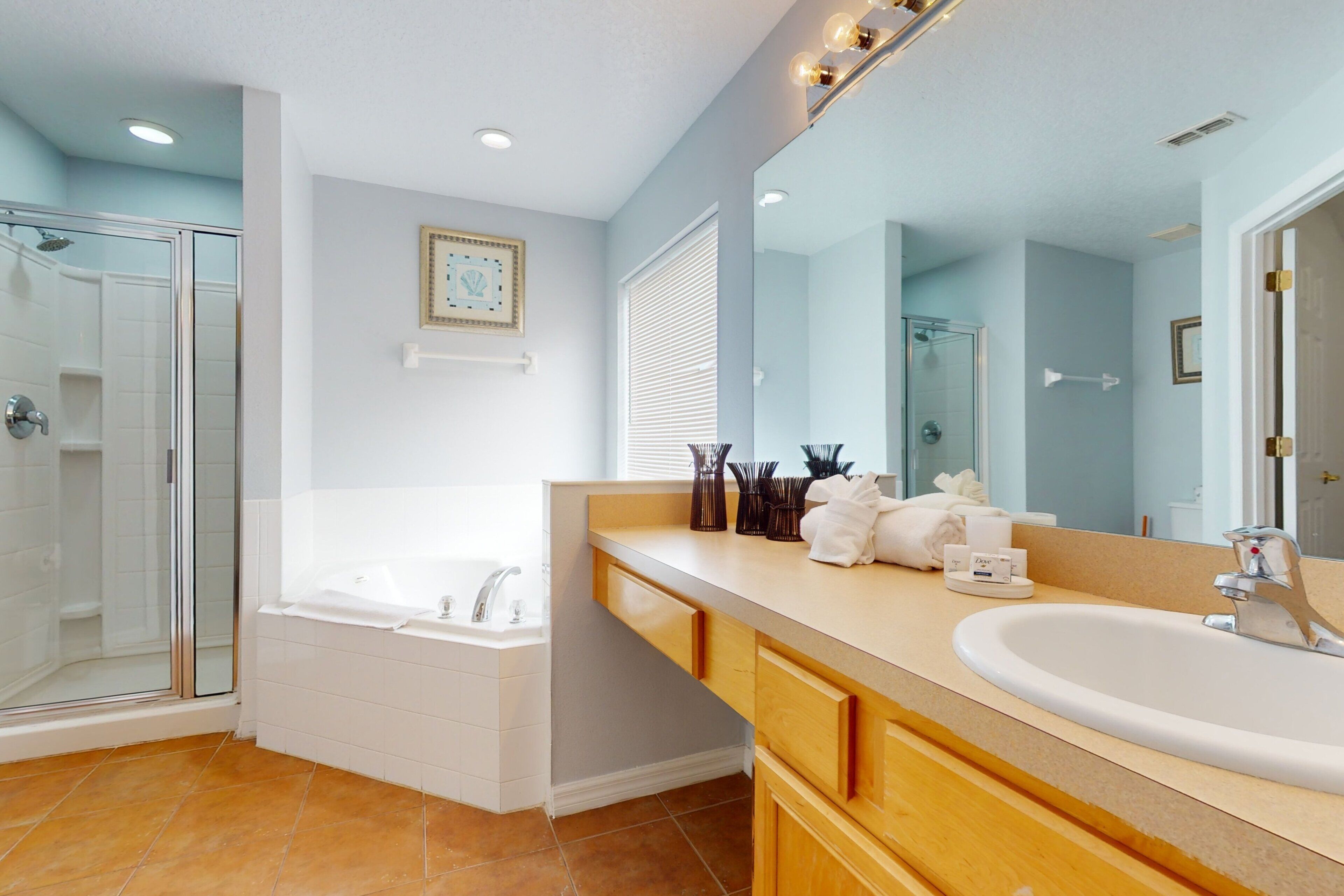 A bathroom with a shower, bathtub, vanity with sink, and a large mirror.