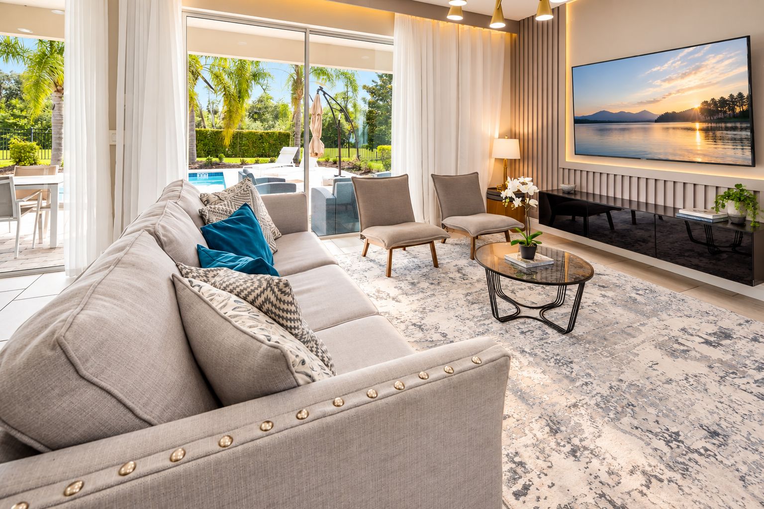 Ein modernes Wohnzimmer mit einer Couch, Sesseln, einem Couchtisch und einem an der Wand montierten Fernseher.