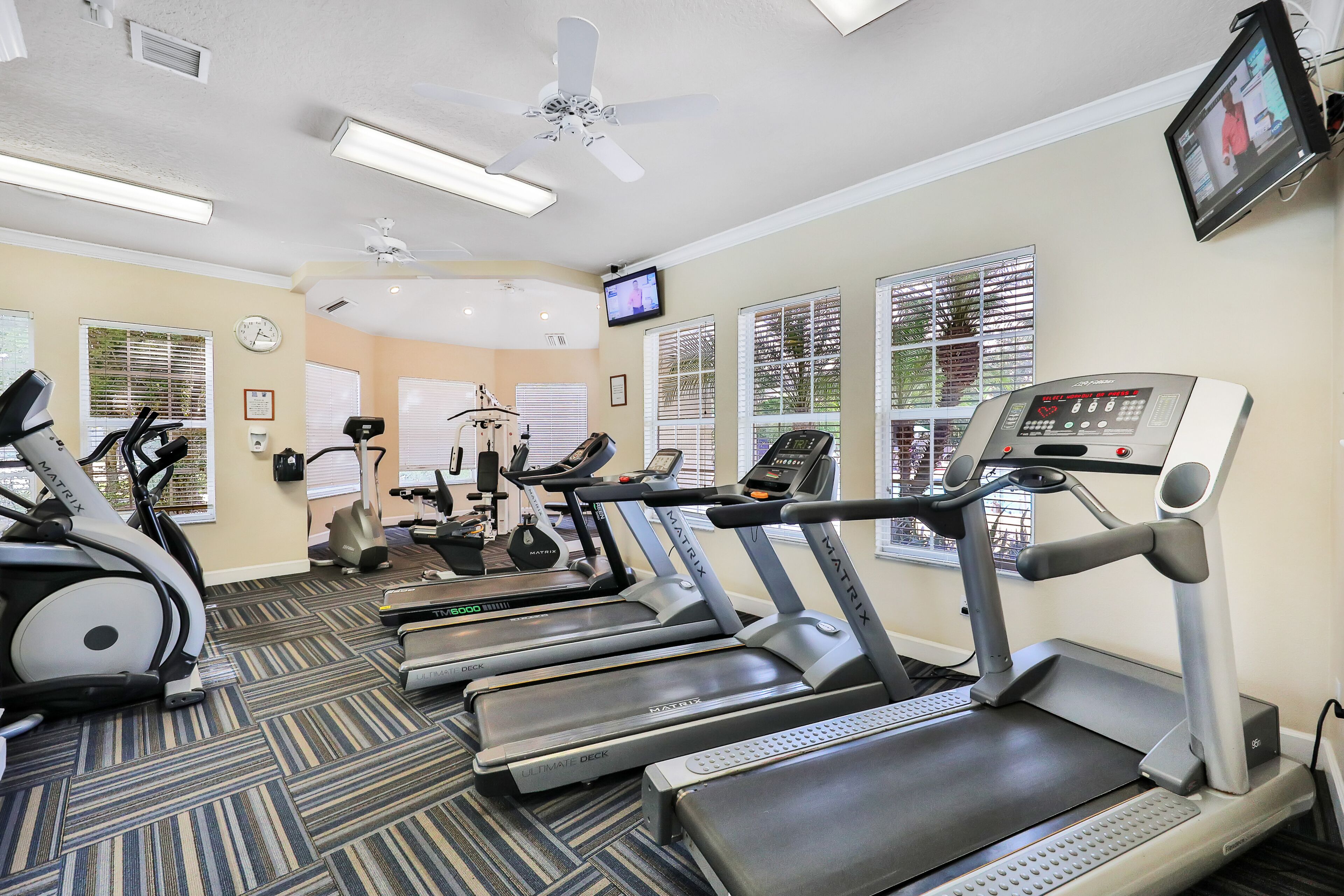 A gym with treadmills, elliptical machines, and weight equipment.