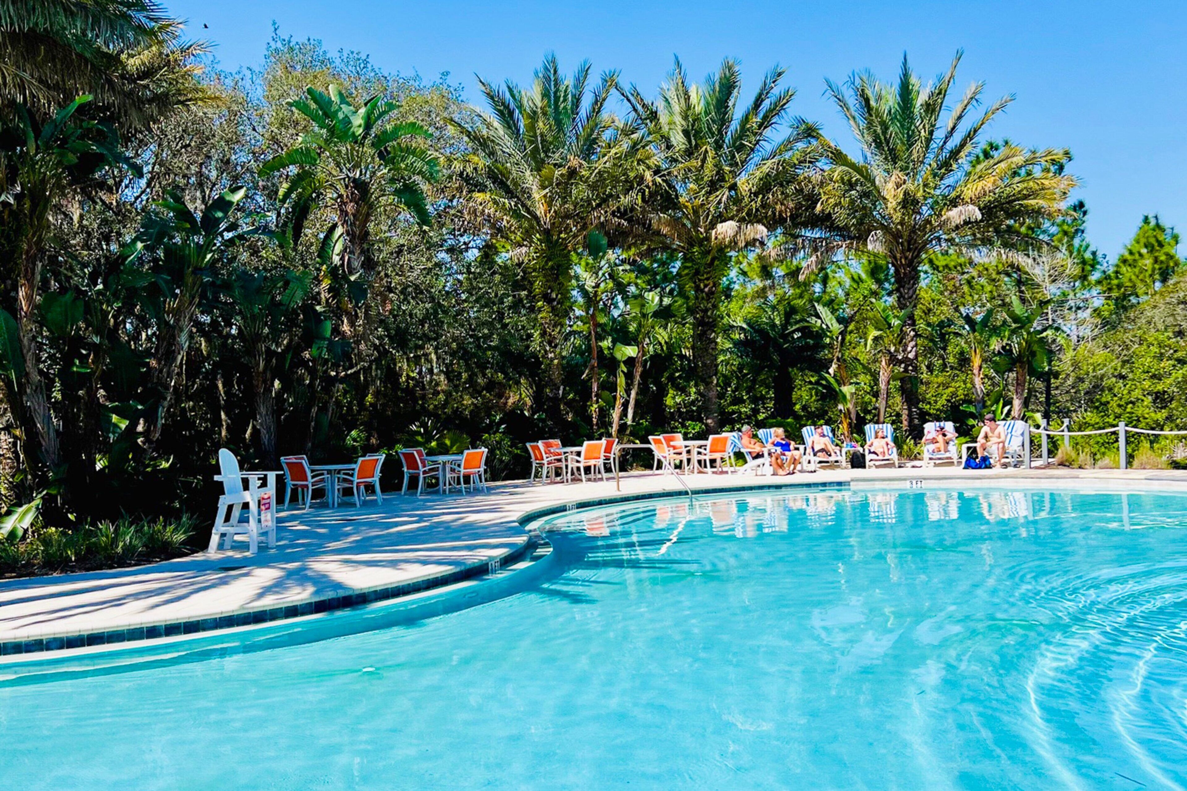 Una piscina con sillas de descanso y palmeras.