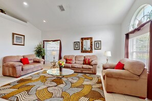 House, Multiple Beds, Pool Access, Pool View (Seven Dwarf's Hideaway) | Living area - Spacious, Dog-friendly Home With Private Pool, Wifi, & Fun-filled Game Room (Davenport)