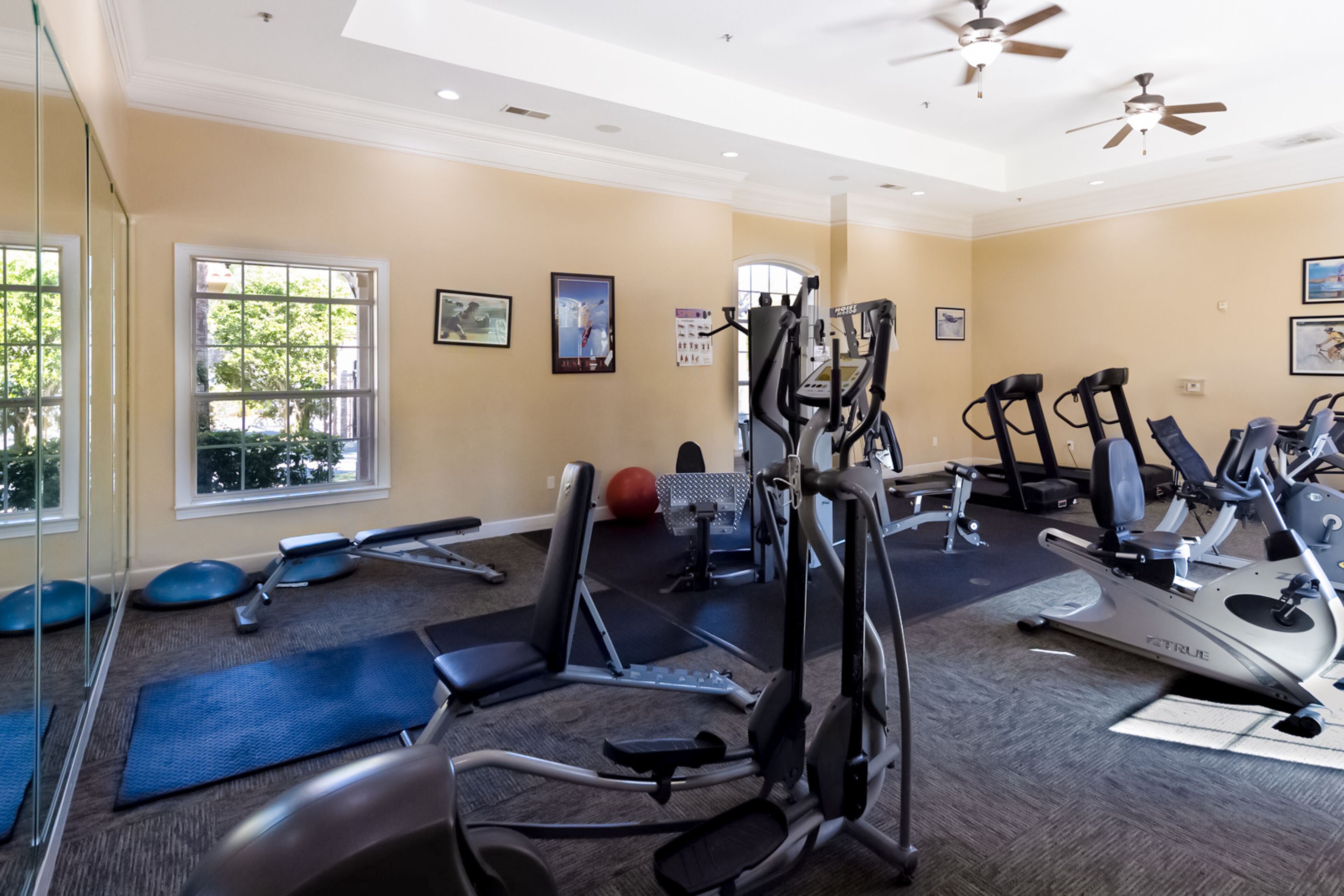 Une salle de sport équipée de divers appareils d’exercice, dotée de grandes fenêtres et de ventilateurs de plafond.