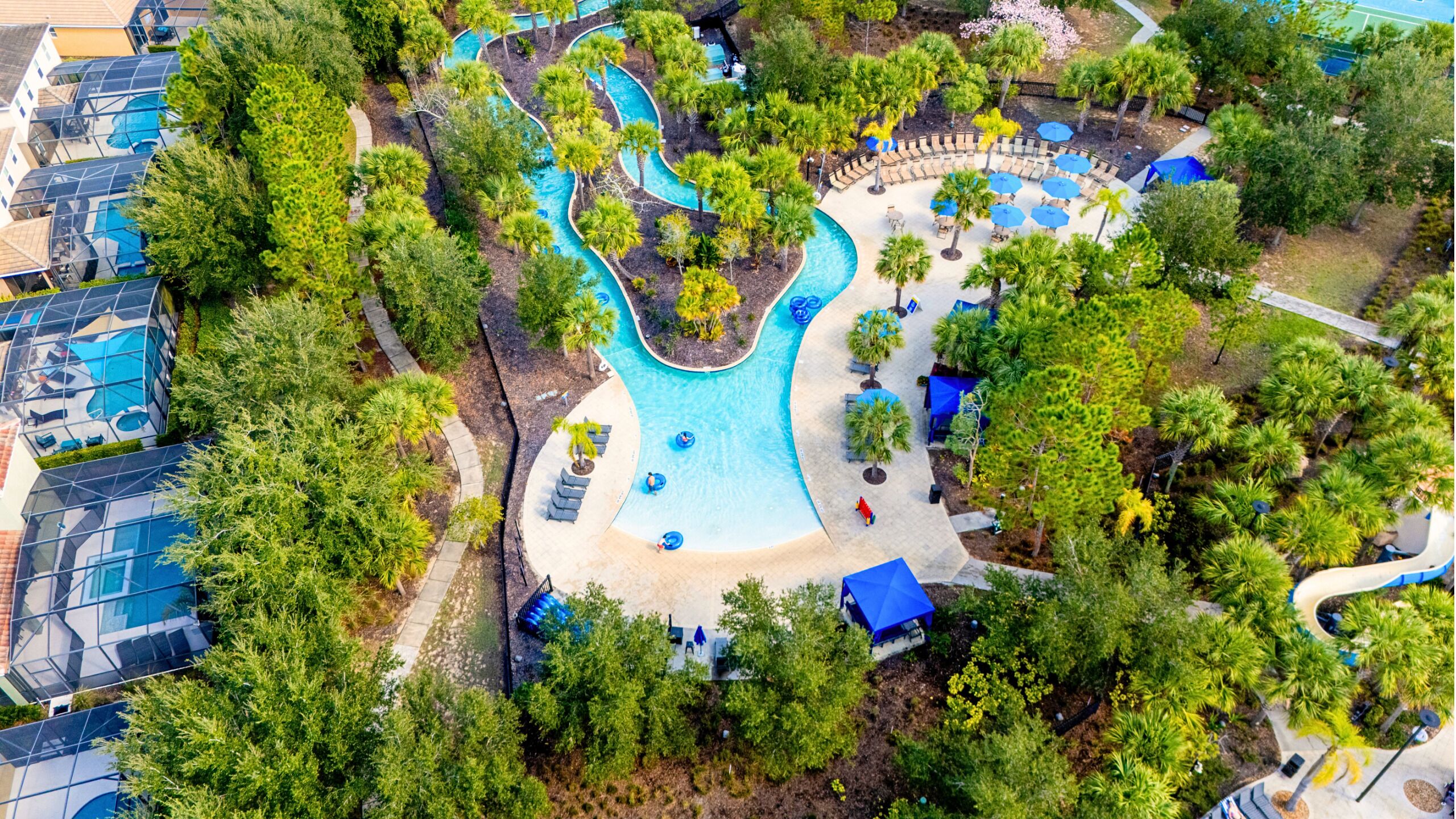 An aerial view of a resort with a winding pool, surrounded by palm trees and lounge areas.