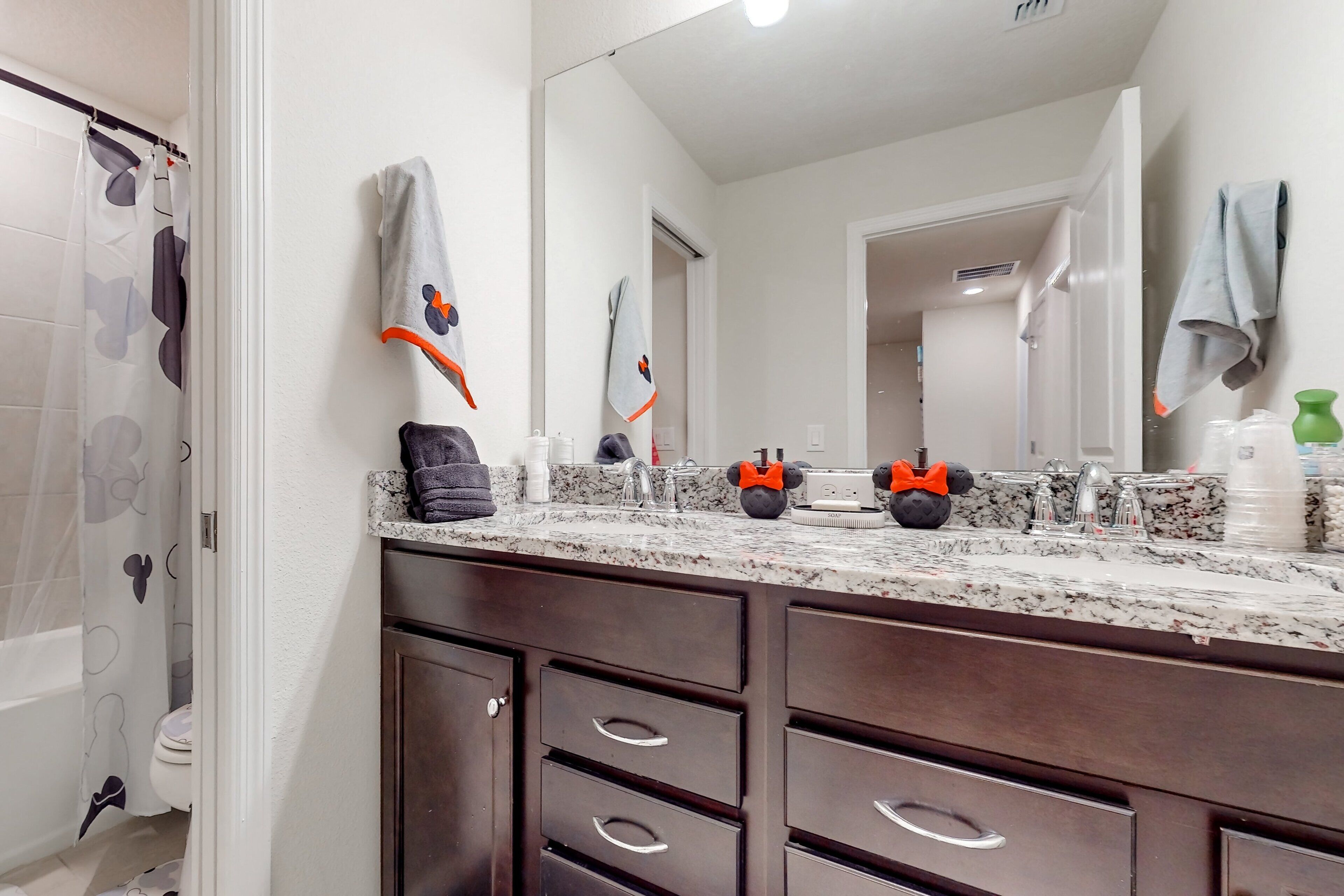 A bathroom with a shower curtain, a mirror, a sink with a faucet, and a countertop with various items.