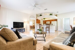 House, Multiple Beds, Pool Access (The Essex Place) | Living area - Gorgeous Home Near Disney With Private Pool, Pool Spa, On-site Gym, Tennis, AC (Davenport)