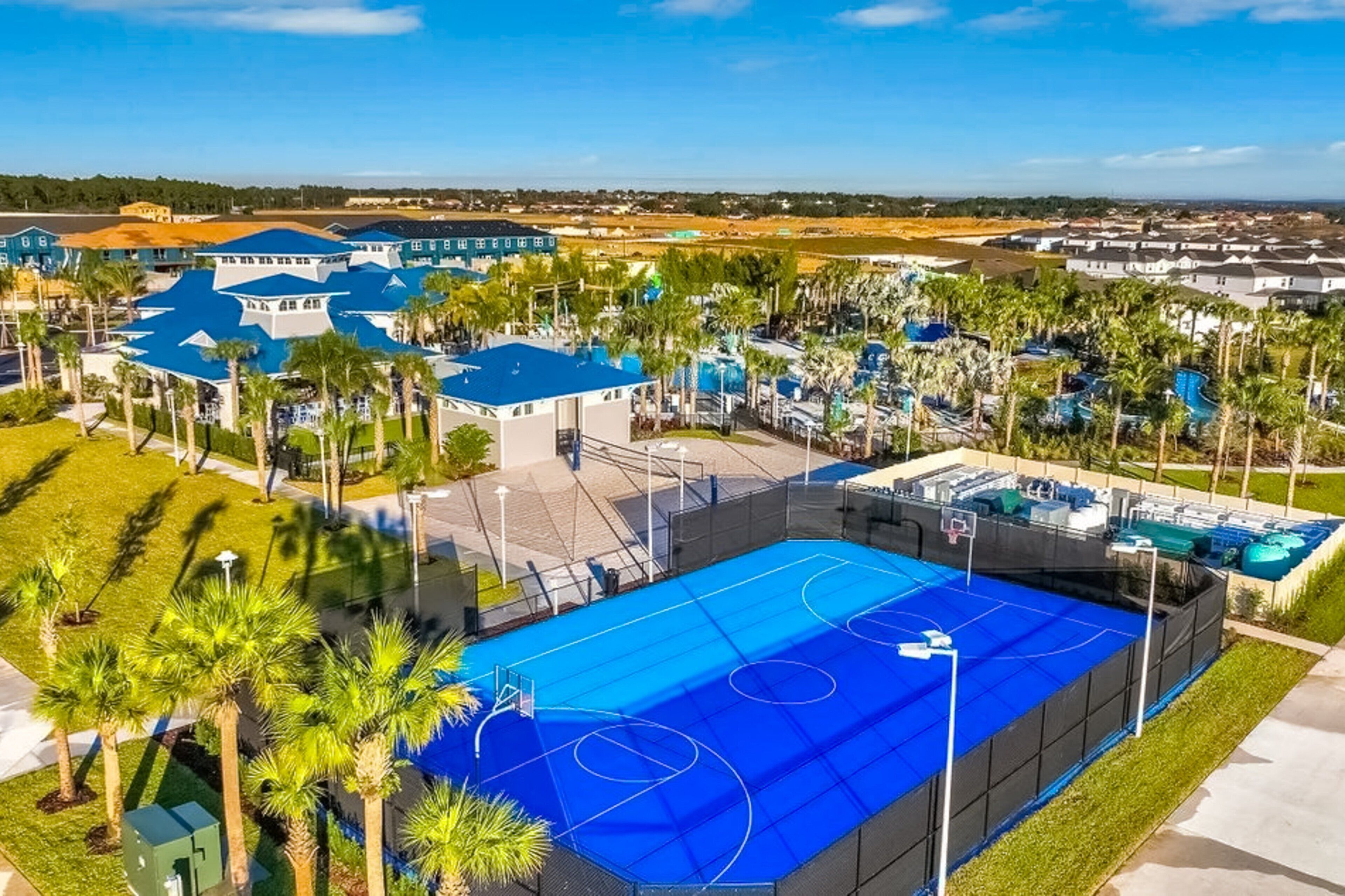 A large outdoor basketball court surrounded by palm trees and a pool area.