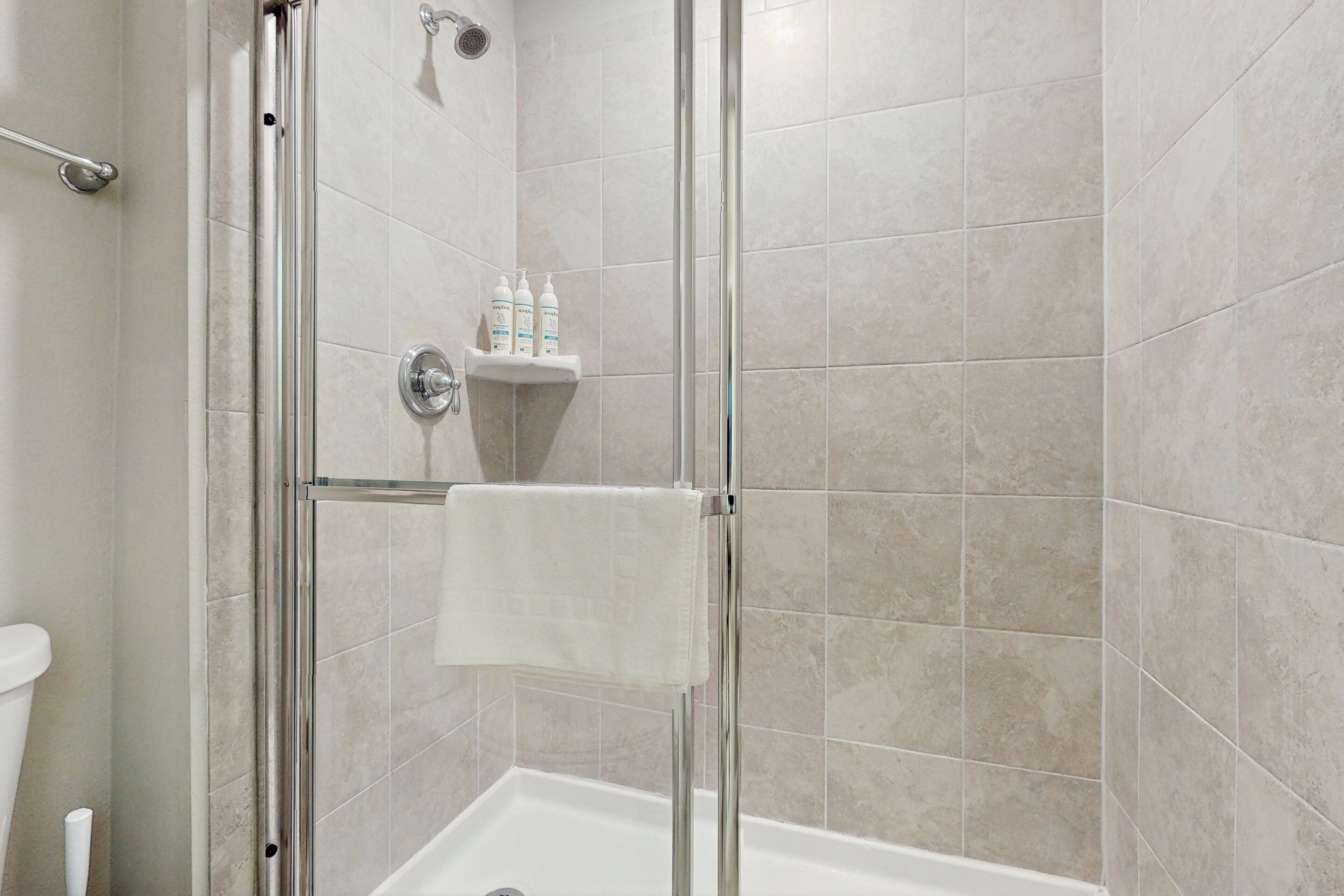 Area doccia con porta in vetro, un asciugamano bianco su un portasci e uno scaffale con articoli da toilette.