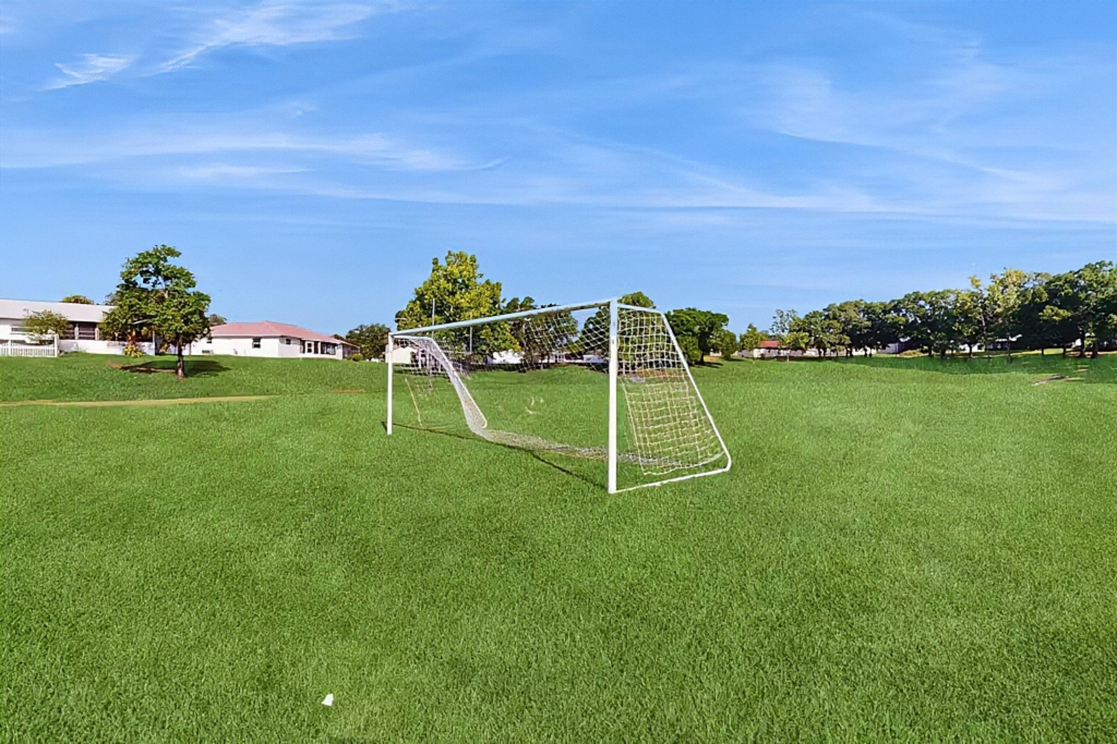 Een voetbaldoel op een verzorgd grasveld, met bomen en gebouwen op de achtergrond.