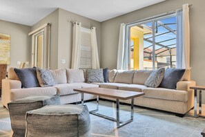 House, Multiple Beds, Pool Access, Pool View (Modern Luxury - Champions Gate) | Living area - Modern Luxury Townhome With hot tub & Private Pool - Near Theme Parks (Davenport)