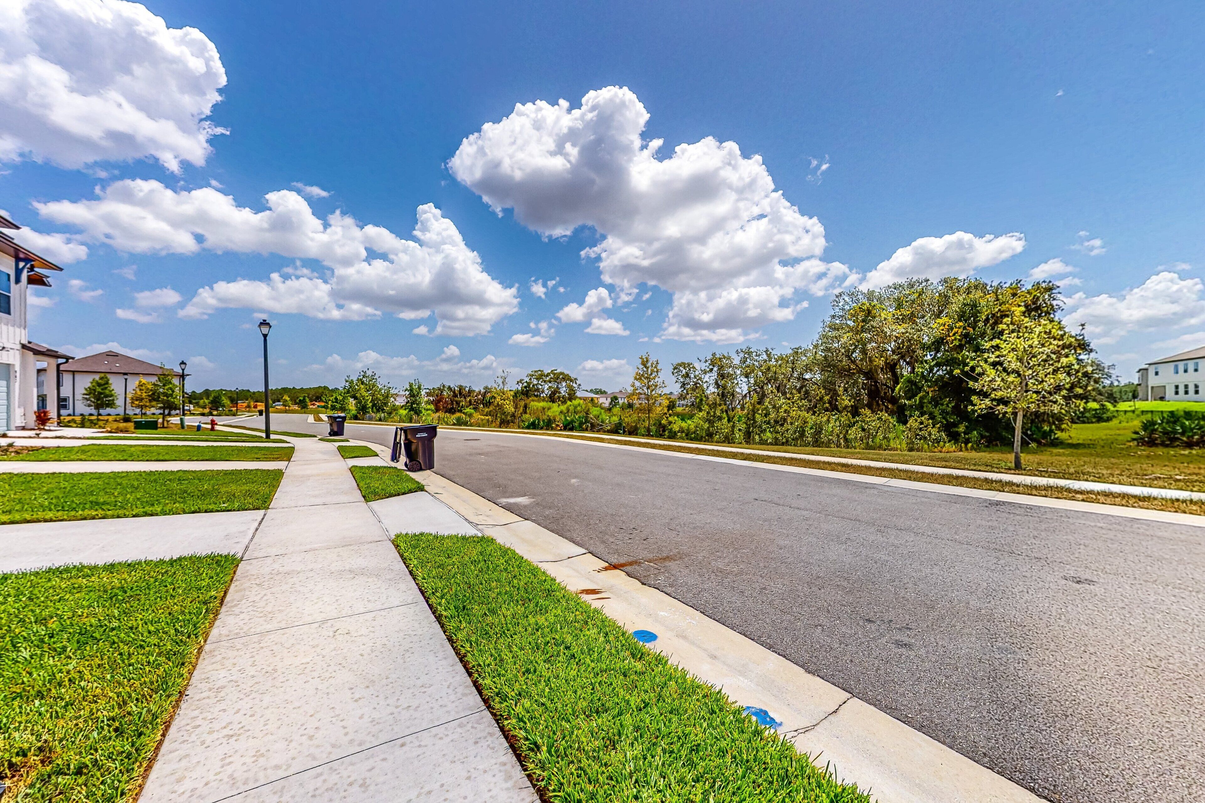 A suburban street with a sidewalk, a trash bin, and a clear blue sky with clouds.