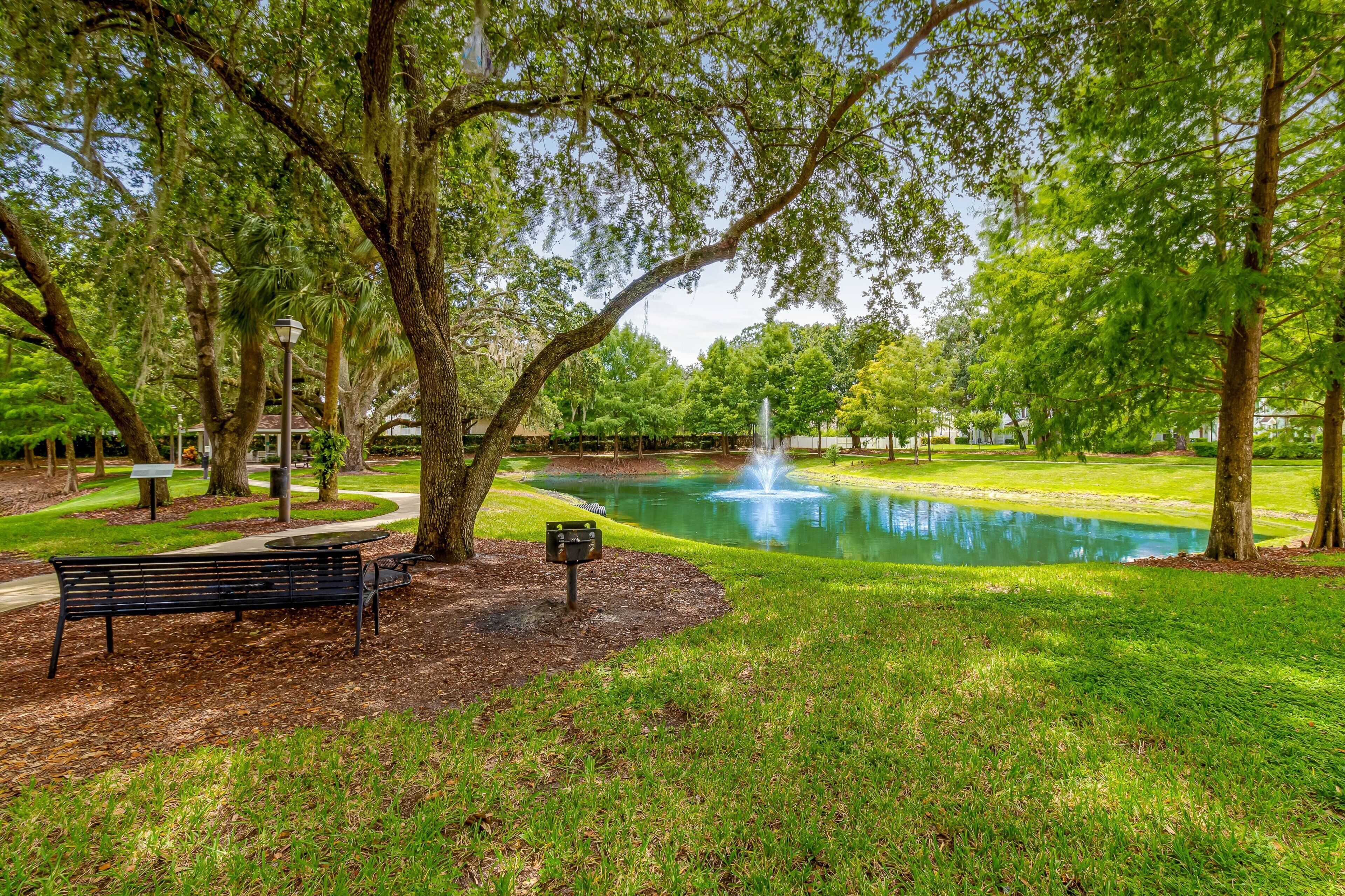 Un parc avec un étang, un banc et une fontaine.