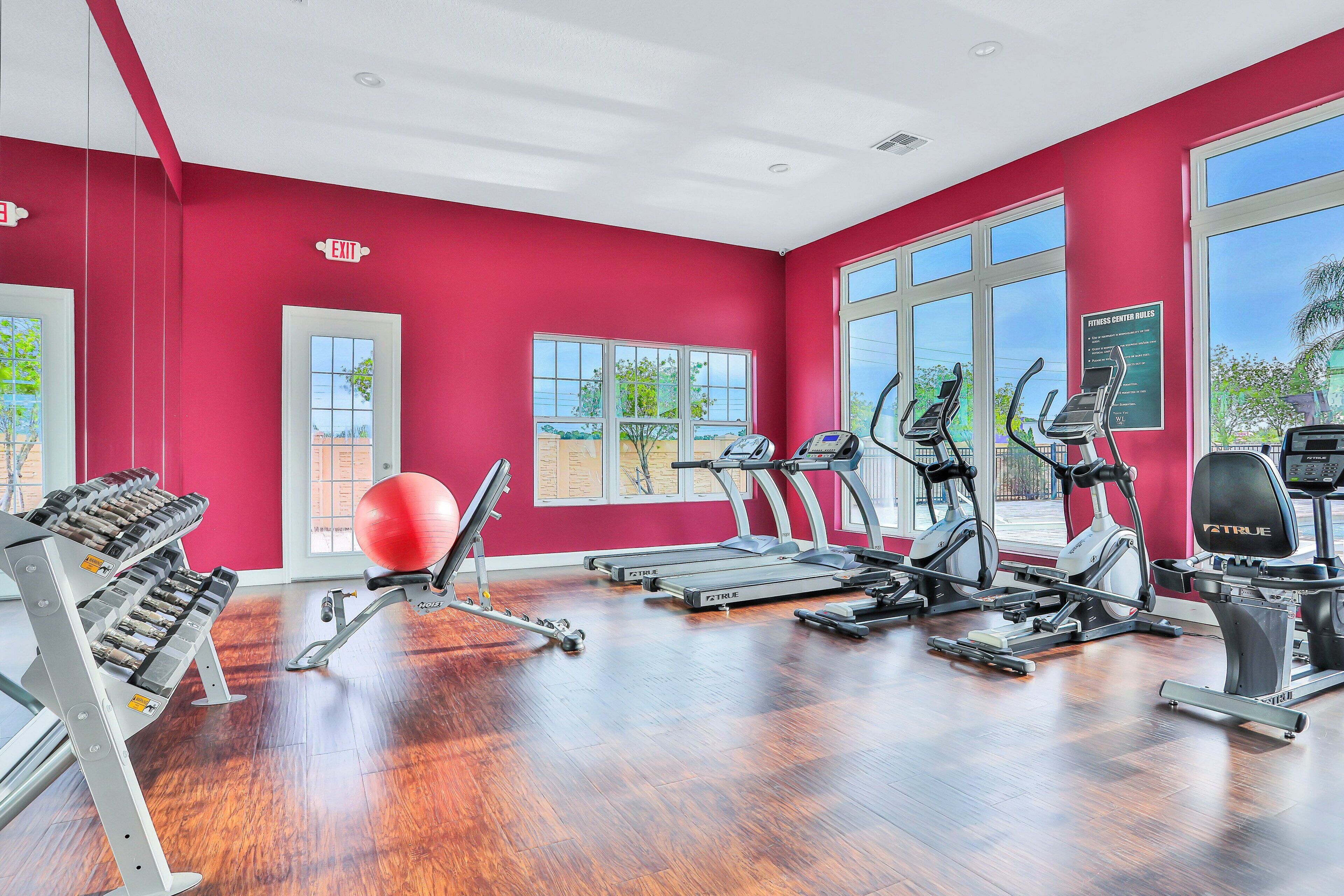 A gym with cardio machines, a red exercise ball, and large windows.
