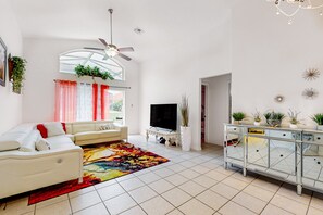 House, Multiple Beds, Pool Access, Pool View (Rosso Retreat) | Living area - Single-level Home With Private Pool, Game Room, and W/D - Near Golf/disney (Davenport)