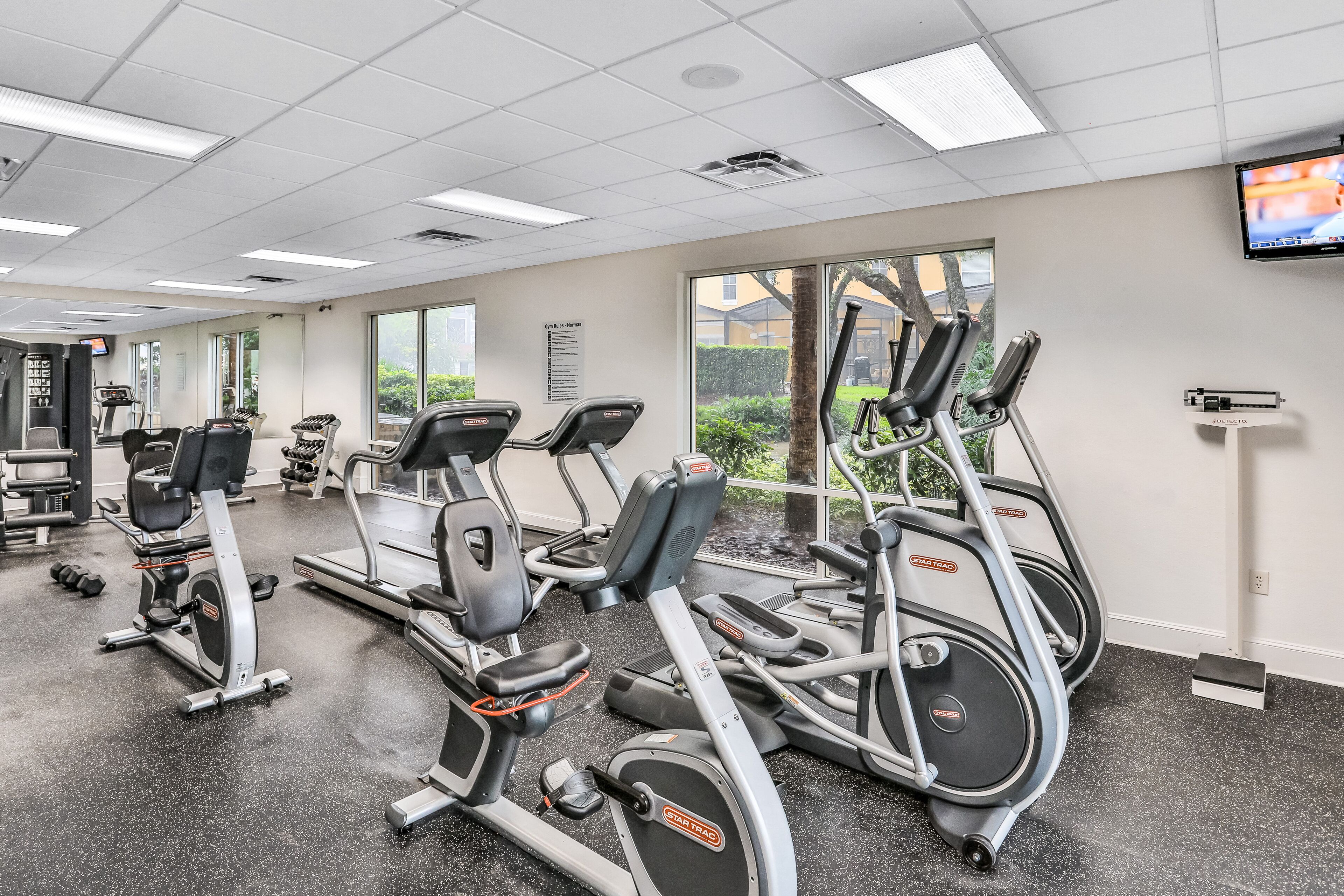 Een fitnessruimte met diverse fitnessapparaten, waaronder loopbanden en elliptische trainers, en een aan de muur bevestigde televisie.