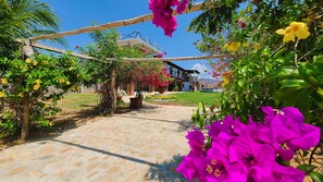 Een binnentuin met een pergola, potplanten en een gebouw op de achtergrond.