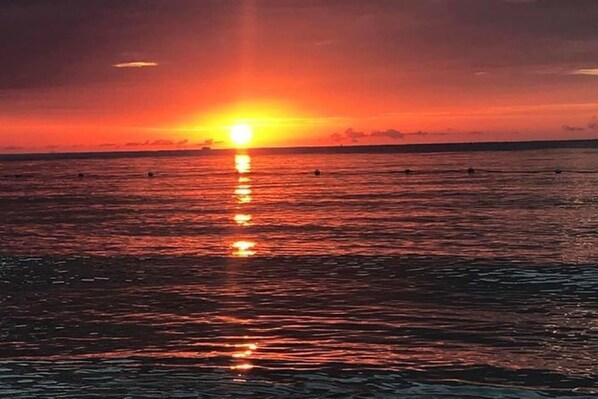 Un coucher de soleil sur une mer calme, avec un horizon dégagé.