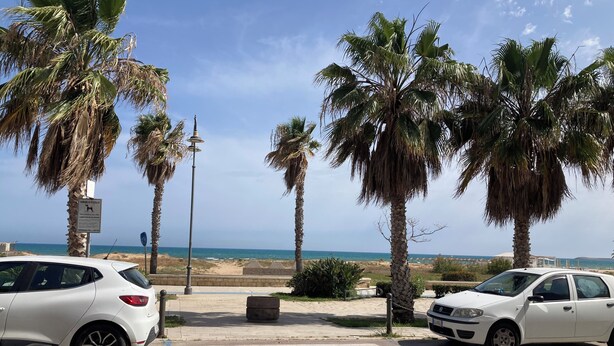 A parking area with white cars, palm trees, and a beach in the background. - Spacious 3-bedroom beachfront apartment (Pozzallo)