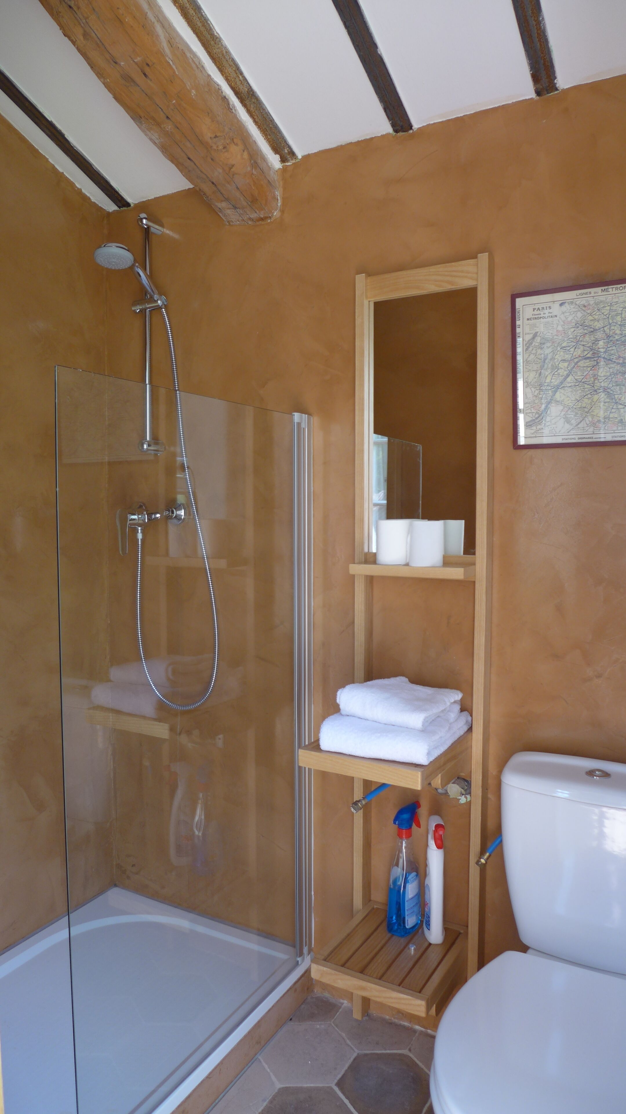 Une salle de bain avec une douche à parois de verre, des toilettes et une étagère contenant des articles de toilette.