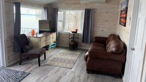 A cozy cabin interior with a wooden ceiling, a television on a wooden cabinet, a brown leather couch, and a view of the outdoors through large windows.