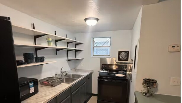 Una cocina compacta con lavamanos, estufa y estanterías.