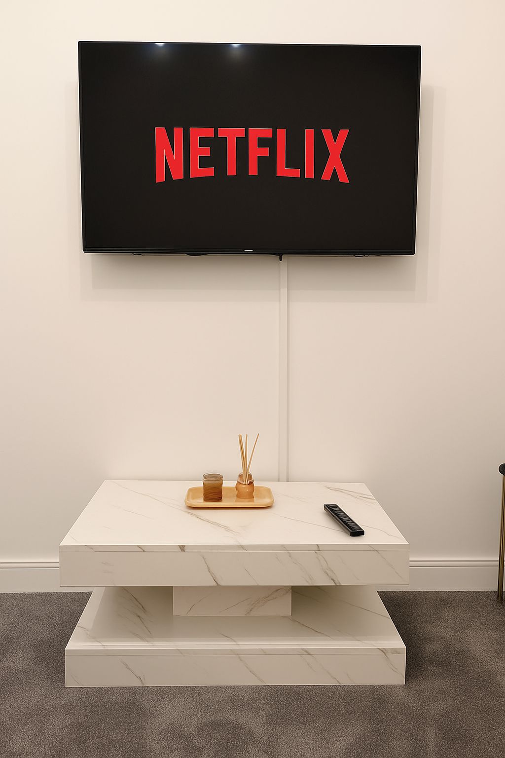 A flat-screen TV mounted on a wall with the Netflix logo, a marble coffee table with a tray and remote, and a carpeted floor.