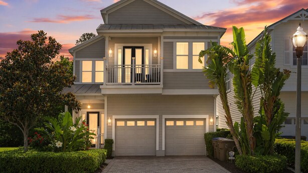 A two-story house with a balcony, garage doors, and a well-maintained garden. - Reflections Manor at Reunion | Stay in style at 5-bedroom villa in Orlando Near Disney (Kissimmee)